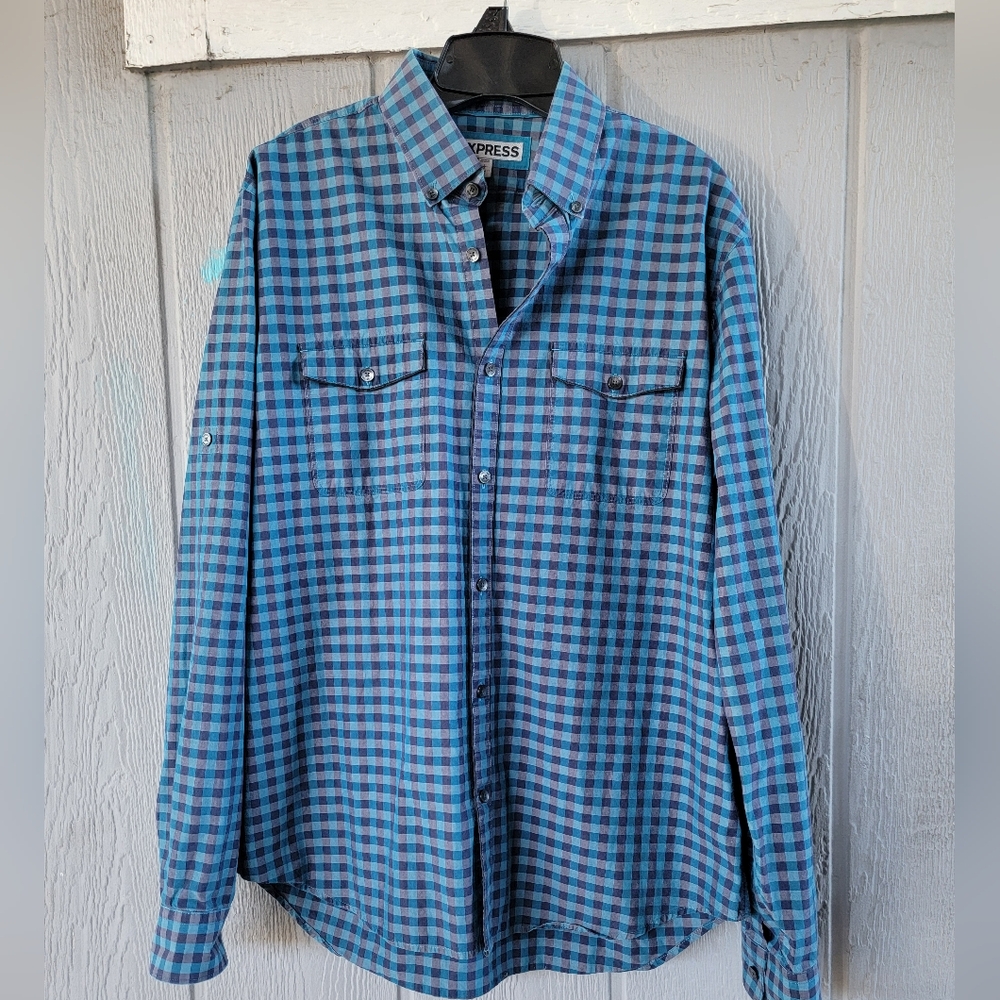 Express Summers Mens fitted long sleeve Button Up Blue/teal Checkered Shirt Sz L